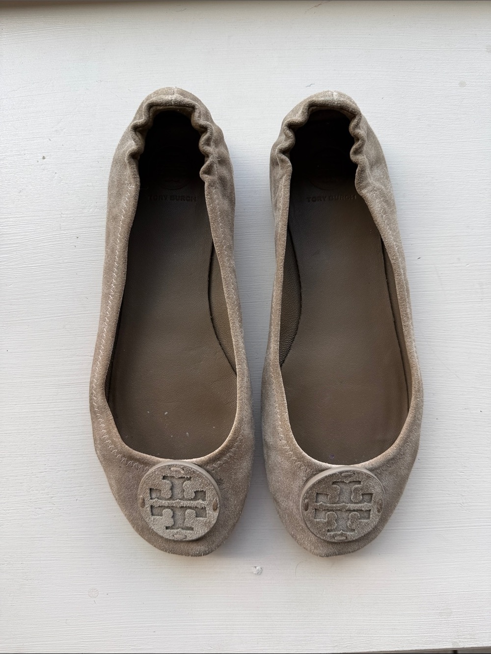 Tory Burch Taupe Suede Logo Ballet Flats